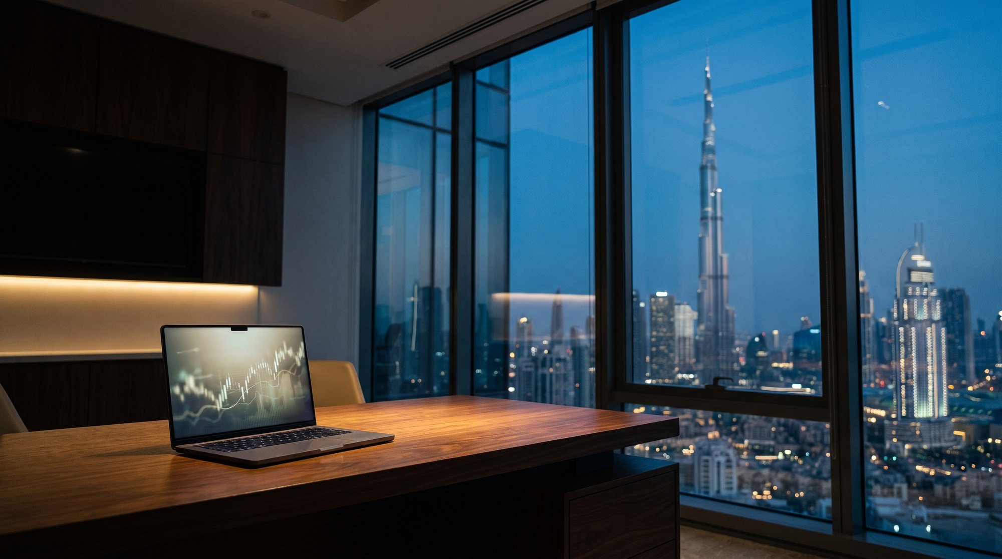 Schreibtisch mit Laptop in einem Büro in Dubai, dahinter die Skyline mit dem Burj Khalifa zur blauen Stunde