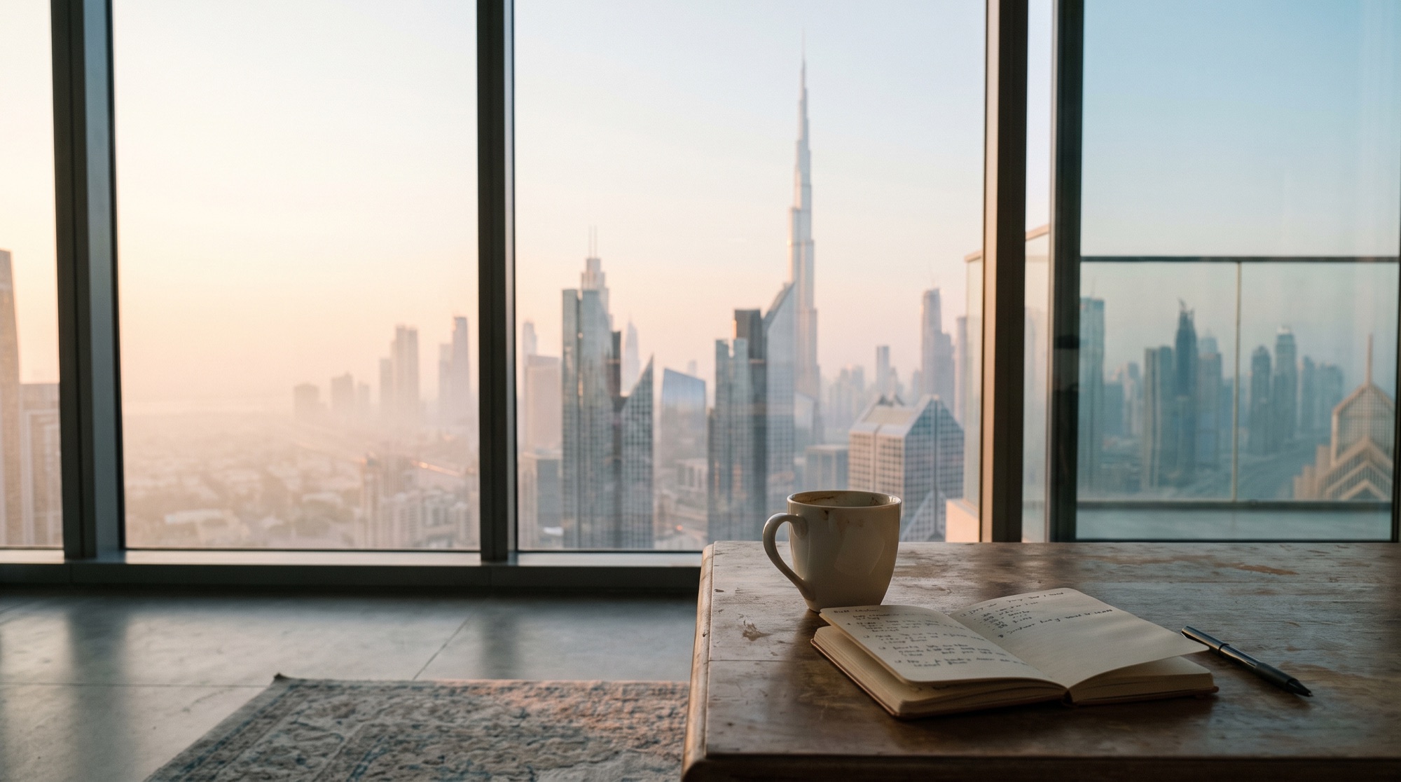 Blick aus einer Wohnung in Dubai auf die Skyline am Morgen