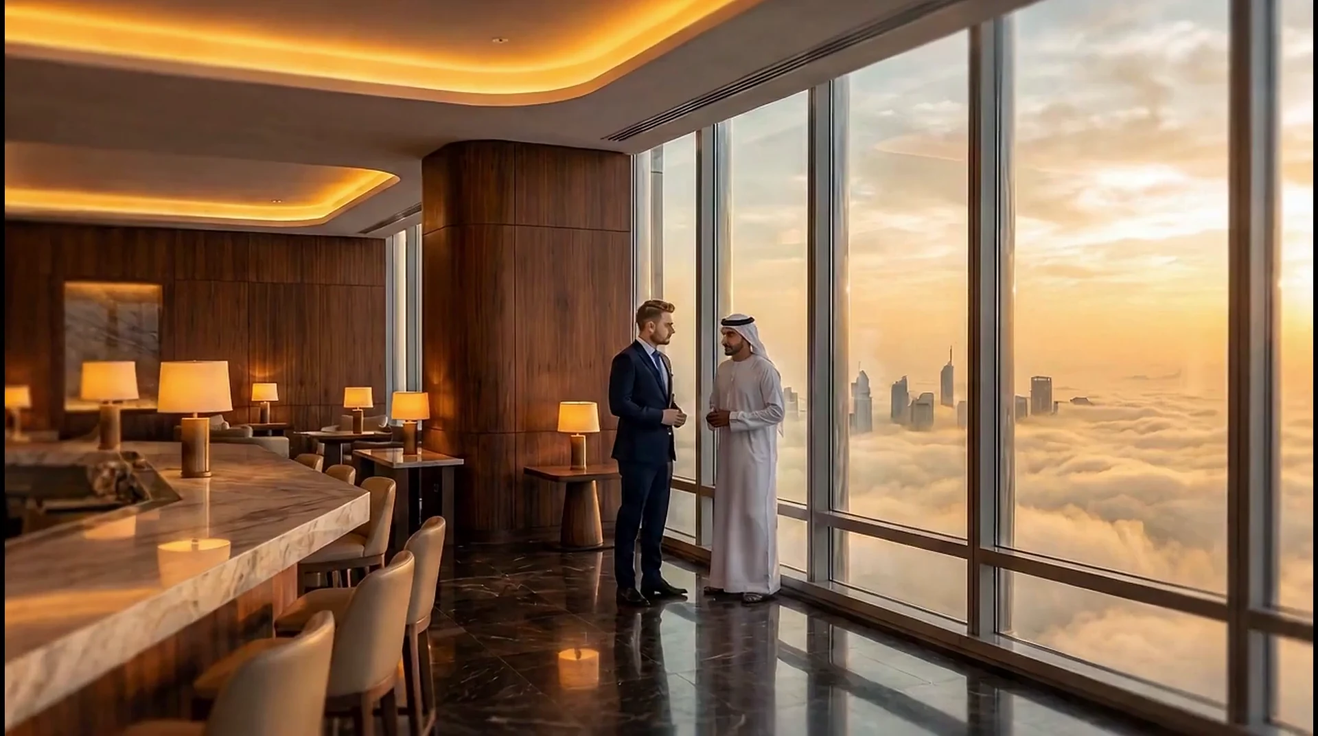 Buchhaltung Dubai — Inhaber im Gespräch mit emiratischem Partner über den Wolken Dubais