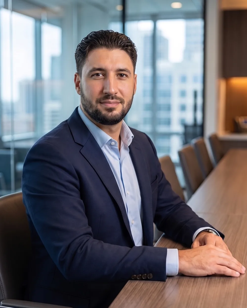 Metin, Geschäftsführer von Buchhaltung Dubai, im Anzug vor der Skyline von Dubai